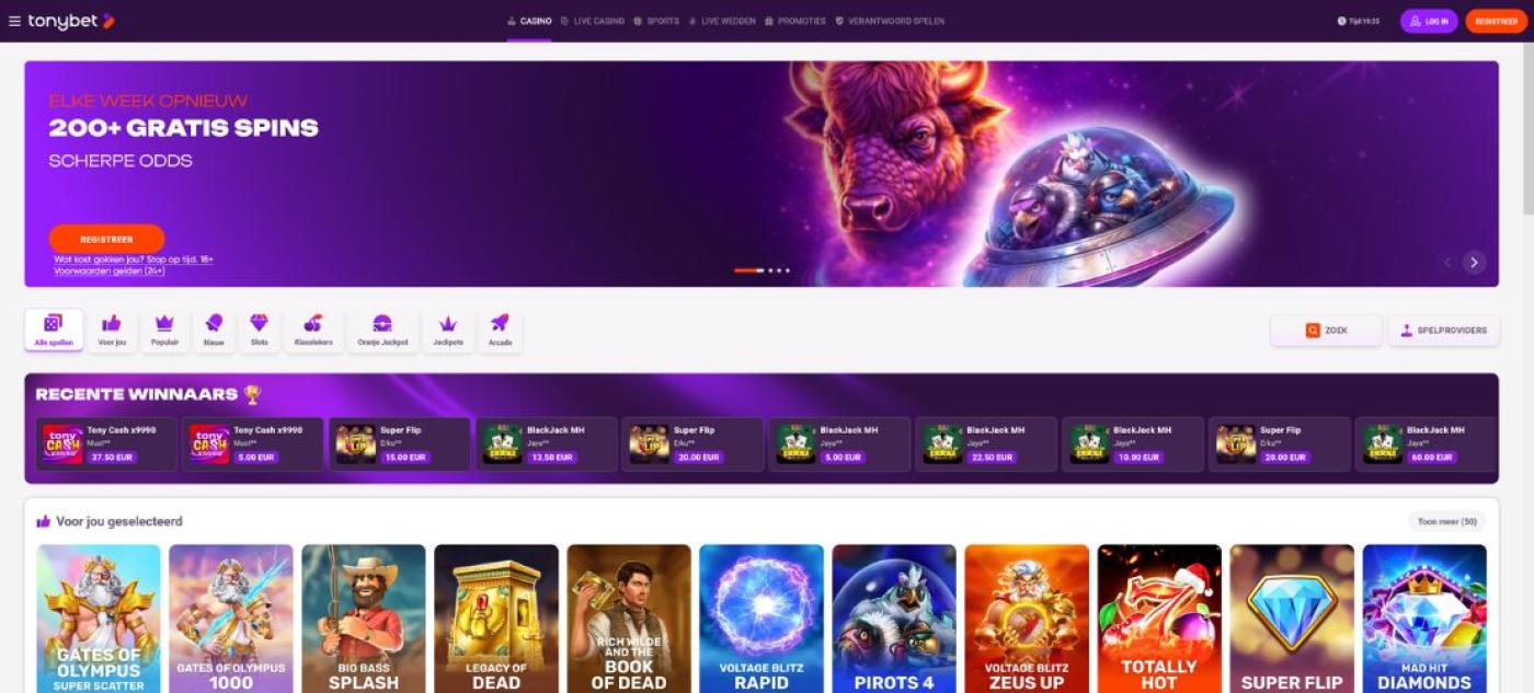 Homepage XXL van Tonybet