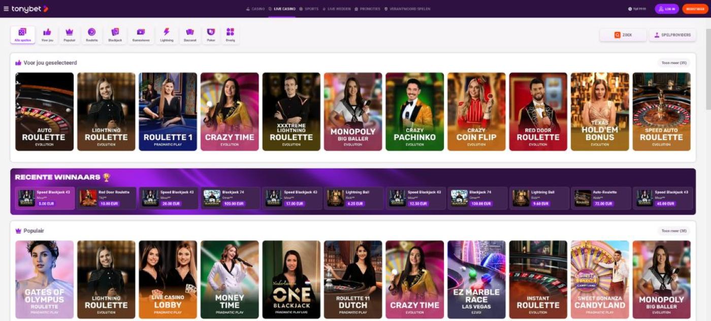 Live casino bij Tonybet